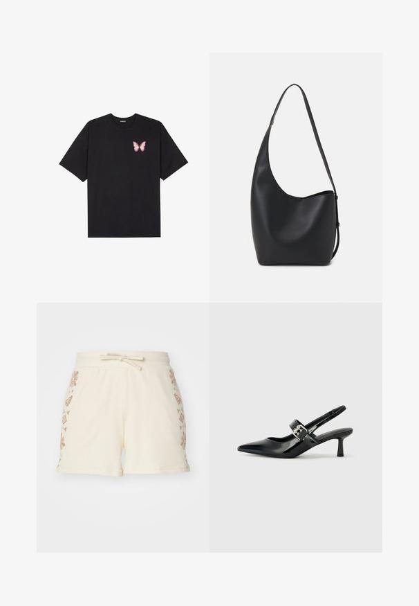 Black cotton t-shirt with short sleeves, featuring a small pink butterfly graphic on the left chest. Crew neck design with a relaxed fit.; Cream-colored ribbed shorts with a drawstring waist, featuring decorative brown floral and geometric patterns on the sides.; Black patent leather slingback heels with a pointed toe and a small block heel, featuring a silver buckle accent on the strap.; Black leather hobo bag with a smooth texture, curved shape, and single adjustable strap; features a wide opening at the top.