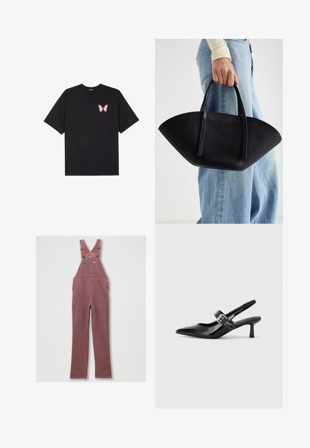 T-shirt de algodão preto com mangas curtas, apresentando um pequeno gráfico de borboleta rosa no lado esquerdo do peito. Design de gola redonda com um corte solto.; Macacão de ganga listrado a vermelho com alças ajustáveis, grande bolso frontal e bolsos laterais. Apresenta ferragens metálicas e uma bainha cosida.; Saltos slingback em verniz preto com bico pontiagudo e um pequeno salto bloco, apresentando um detalhe de fivela prateada na tira.; Bolsa de mão em couro preto com uma forma única em leque, apresentando alças planas. A superfície tem uma textura pebble e um design minimalista.