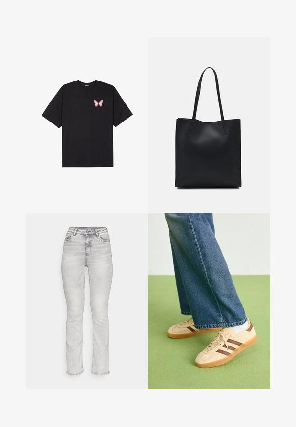 Tricou negru din bumbac cu mâneci scurte, având pe partea stângă a pieptului un mic grafic cu un fluture roz. Design cu guler rotund și croială lejeră.; Jeans din denim gri deschis cu talie înaltă, croială dreaptă, stil cu cinci buzunare și detalii subtile de decolorare pe întreaga țesătură.; Tenisi bej cu panouri texturate de culoare crem și dungi maro, asortați cu blugi din denim albastru. Blugii au un croi larg și o margine desfăcută.; Geantă tote neagră din piele, cu textură netedă, formă rectangulară și două mânere lungi. Fără hardware vizibil sau ornamente.