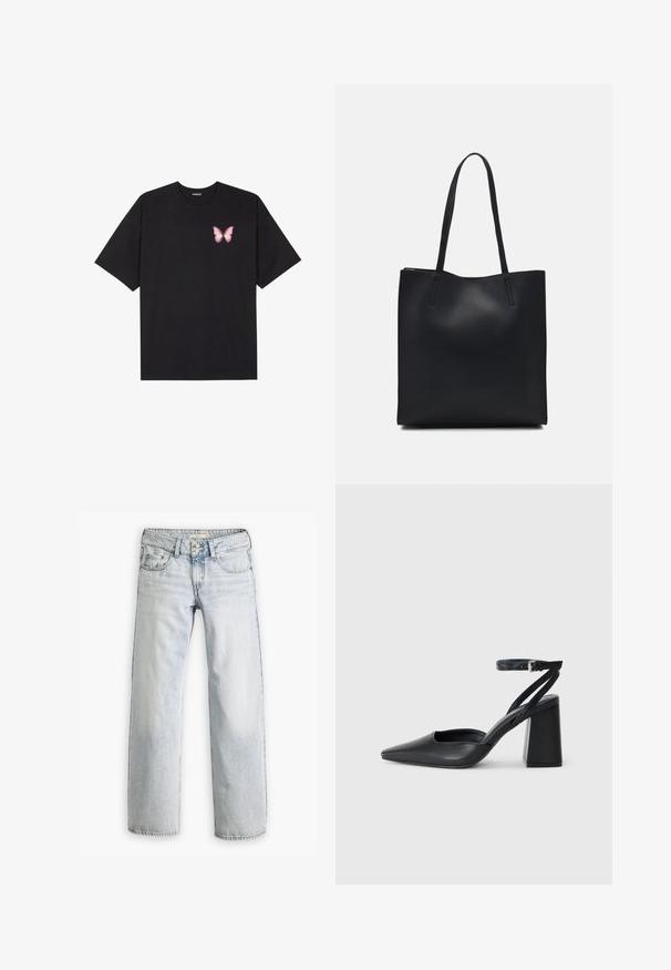 Camiseta de algodón negra de manga corta, con un pequeño gráfico de mariposa rosa en el lado izquierdo del pecho. Diseño de cuello redondo con un corte relajado.; Jeans de mezclilla azul claro con un ajuste relajado, cintura alta y diseño de cinco bolsillos. Presentan detalles de costura y un cierre de botón.; Zapato de tacón puntiagudo de cuero negro con tira en el tobillo y tacón ancho. Textura plana, diseño elegante y estética minimalista.; Bolso tote de cuero negro con textura lisa, forma rectangular y dos asas largas. Sin herrajes ni adornos visibles.