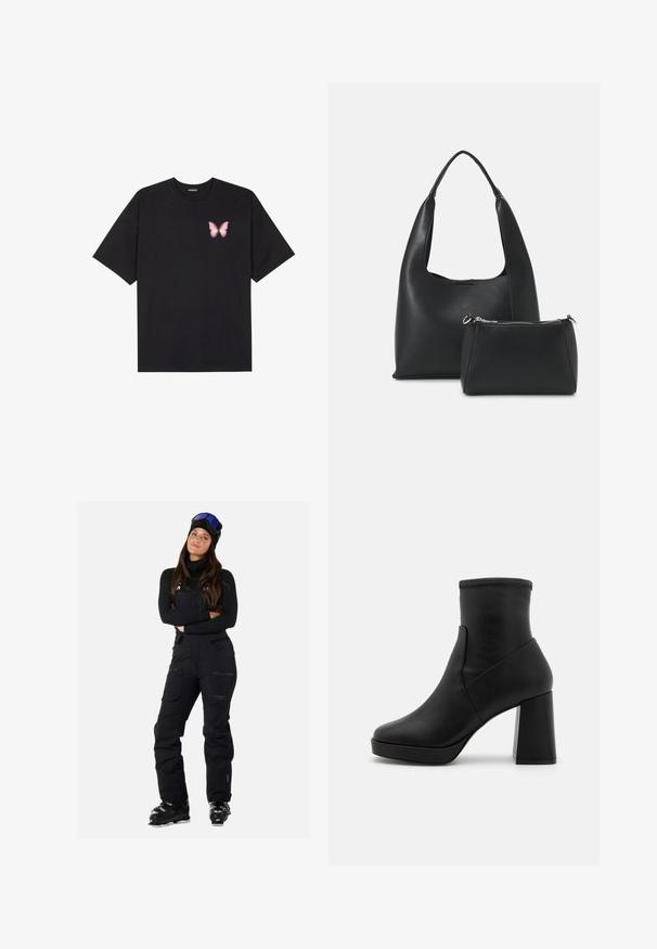 Zwarte katoenen t-shirt met korte mouwen, voorzien van een kleine roze vlinder graphic op de linkerkant van de borst. Crew neck ontwerp met een relaxte fit.; Zwarte skibroeken met verstelbare banden, meerdere zakken en een slank, waterafstotend ontwerp. Heeft een getailleerde snit en duurzame stof.; Zwarte leren enkellaarzen met een hoge blokhak, een gladde textuur en een aansluitende schacht. Heeft een naadloos ontwerp zonder zichtbare sluitingen.; Even&Odd Handtas - black