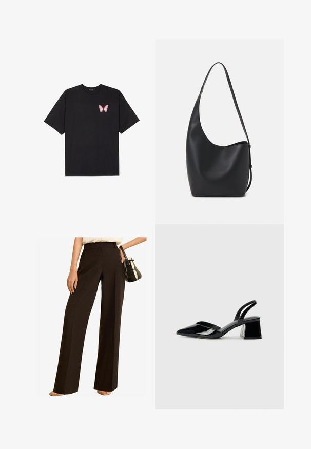Črna bombažna majica s kratkimi rokavi, ki ima majhen roza metuljček na levi strani prsnega dela. Majica s krožnim ovratnikom in sproščenim krojem.; Široke hlače iz temno rjave tkanine, z visokim pasom, krojenim dizajnom in gladko teksturo. V kombinaciji z majhno torbico.; Črne lakirane slingback pete s koničastim nosom in geometrijsko blokasto peto. Imajo eleganten, minimalističen dizajn in gladko teksturo.; Črna usnjena hobo torba z gladko teksturo, ukrivljeno obliko in eno nastavljivo naramnico; ima širok odprtina na vrhu.