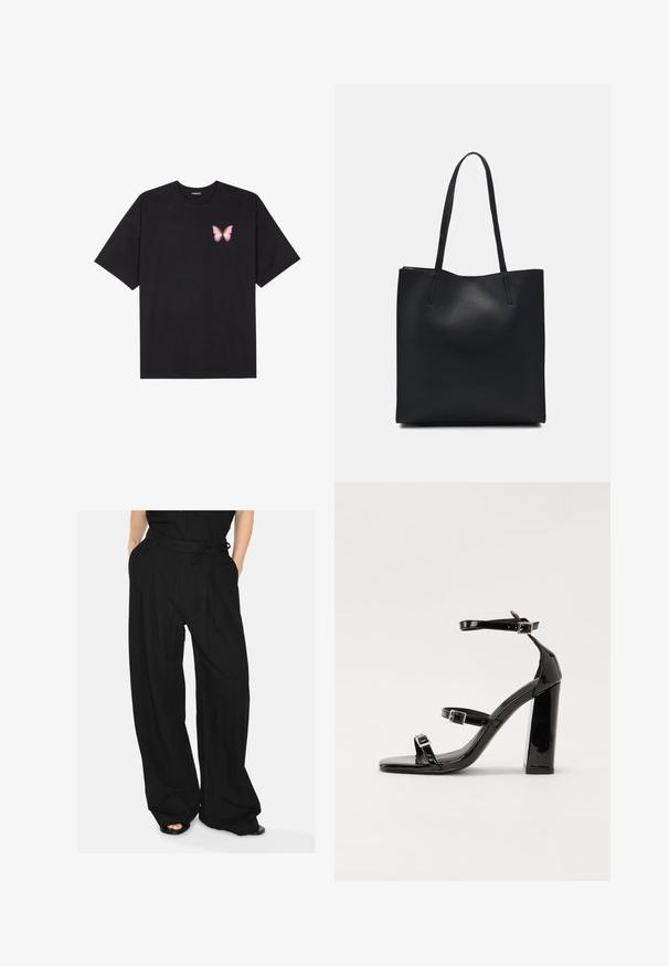 Čierne bavlnené tričko s krátkymi rukávmi, s malým ružovým motýlikom na ľavej hrudi. Design s okrúhlym výstrihom a uvoľneným strihom.; Čierne široké nohavice vyrobené z ľahkej látky. Majú priliehavý pás s viazaným opaskom a predné záhyby pre väčší detail.; Čierne lakované sandále na podpätku so štvorcovou špičkou, navlečenými remienkami okolo členku a striebornými prackami. Disponujú masívnym blokovým podpätkom pre stabilitu.; Čierna kožená taška na rameno s hladkým povrchom, obdĺžnikovým tvarom a dvoma dlhými uchami. Bez viditeľného kovania alebo ozdôb.