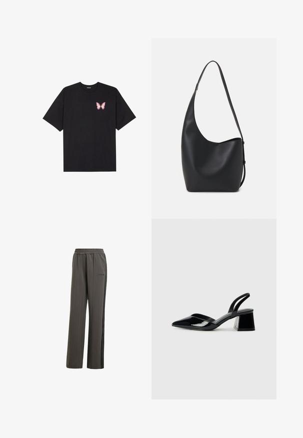 Zwarte katoenen t-shirt met korte mouwen, voorzien van een kleine roze vlinder graphic op de linkerkant van de borst. Crew neck ontwerp met een relaxte fit.; Grijze sweatpants met streepdessin, een elastische tailleband, zijzakken en zwarte zijstrepen. Heeft een klein merklogo aan de voorkant.; Zwarte gepatineerde leren slingback hakken met een spitse neus en een geometrische blokhak. Kenmerkt zich door een slank, minimalistisch ontwerp en een gladde textuur.; Zwarte leren hobo tas met een gladde textuur, kromme vorm en een enkele verstelbare schouderband; heeft een brede opening aan de bovenkant.