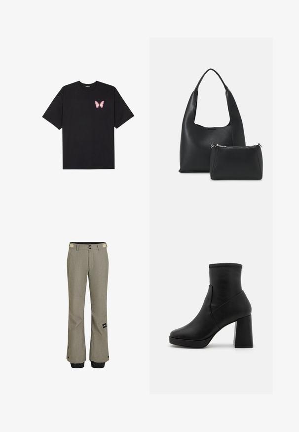 Zwarte katoenen t-shirt met korte mouwen, voorzien van een kleine roze vlinder graphic op de linkerkant van de borst. Crew neck ontwerp met een relaxte fit.; Lichtgrijze skibroek met een gestructureerde afwerking, voorzien van zwarte elastische manchetten, twee knopen en een logo patch aan de zijkant.; Zwarte leren enkellaarzen met een hoge blokhak, een gladde textuur en een aansluitende schacht. Heeft een naadloos ontwerp zonder zichtbare sluitingen.; Even&Odd Handtas - black