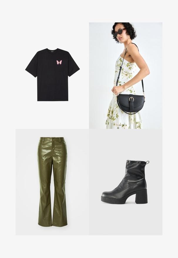 Svart bomulls T-skjorte med korte ermer, med en liten rosa sommerfugl grafikk på venstre bryst. Crew-neck design med en avslappet passform.; Olivengrønne faux læderbukser med krokodilletekstur, der har en tætsiddende talje og flared ben. Materialet har en blank overflade.; Svarte ankelstøvler laget av glatt lær, med glidelås på siden, chunky strukturert hæl, og rund tå-design.; Svart lærveske med en buet form, avtagbar stropp og gullbeslag. Vesken har et klaff med spenne-detall.