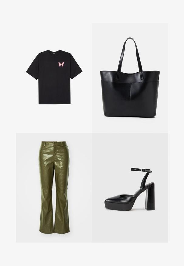 Crna pamučna majica s kratkim rukavima, s malim grafičkim prikazom ružičaste vjetricaste s desne strane na prsima. Dizajn s okruglim izrezom i opuštenim krojem.; Maslinasto zelene hlače od umjetne kože s teksturom krokodila, s uskim strukom i raskošnim nogavicama. Materijal ima sjajnu završnu obradu.; Crne platforme s potpeticom s oštrim vrhom i podešivom naramenicom. Izrađene od glatke kože, s masivnom blok petom.; Crna kožna torba s dugim ručkama, glatkom teksturom i strukturiranim oblikom. Ima prednju džep za dodatno pohranu.