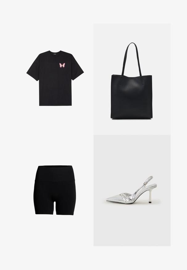 Tricou negru din bumbac cu mâneci scurte, având pe partea stângă a pieptului un mic grafic cu un fluture roz. Design cu guler rotund și croială lejeră.; Pantaloni scurți din bumbac negru, cu un tiv elastic înalt, textură netedă și un design ajustat. Fără modele vizibile sau detalii metalice.; Pantofii cu toc înalt, argintii, cu vârf ascuțit, finisaj metallic, două curele decorative și un toc subțire cu vârful negru.; Geantă tote neagră din piele, cu textură netedă, formă rectangulară și două mânere lungi. Fără hardware vizibil sau ornamente.