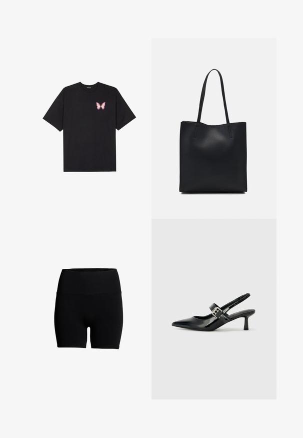Fekete pamut póló rövid ujjakkal, bal mellkason egy kis rózsaszín pillangó grafikával. Kerek nyakú kialakítás, laza fazonnal.; Fekete pamut keverék rövidnadrág, magas elasztikus derekú, sima textúrával és testhezálló fazonnal. Nincsenek látható minták vagy fém részletek.; Fekete lakkbőr slingback sarkú cipők hegyes orral és kis blokk talppal, ezüst csat díszítéssel a pánton.; Fekete bőrtáska sima felszínnel, téglalap alakú, két hosszú füllel. Nincs látható fémkiegészítő vagy díszítés.