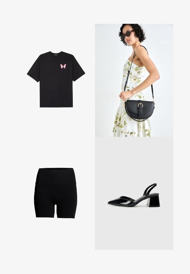 Čierne bavlnené tričko s krátkymi rukávmi, s malým ružovým motýlikom na ľavej hrudi. Design s okrúhlym výstrihom a uvoľneným strihom.; Čierne šortky z bavlnenej zmesi s vysokým elastickým pásom, hladkou textúrou a priliehavým strihom. Žiadne viditeľné vzory ani kovové detaily.; Čierne lakované kožené sandálové podpätky s špicatou špičkou a geometrickým blokovým podpätkom. Disponujú elegantným, minimalistickým dizajnom a hladkým povrchom.; Čierna kožená kabelka s zaobleným tvarom, odnímateľným popruhom a zlatými doplnkami. Kabelka má klopu s detailom s prackou.
