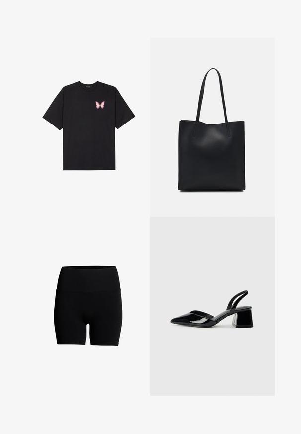 Zwarte katoenen t-shirt met korte mouwen, voorzien van een kleine roze vlinder graphic op de linkerkant van de borst. Crew neck ontwerp met een relaxte fit.; Zwarte katoenen shorts van een katoenmix met een hoge elastische tailleband, een gladde textuur en een aansluitend ontwerp. Geen zichtbare patronen of hardwaredetails.; Zwarte gepatineerde leren slingback hakken met een spitse neus en een geometrische blokhak. Kenmerkt zich door een slank, minimalistisch ontwerp en een gladde textuur.; Zwarte leren handtas met een gladde textuur, rechthoekige vorm en twee lange handvaten. Geen zichtbare hardware of versieringen.