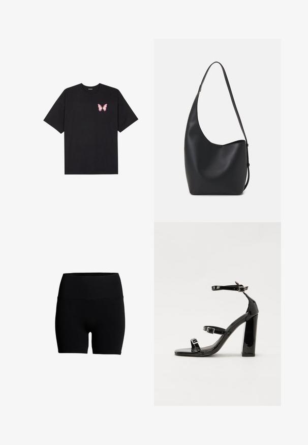 T-shirt en coton noir à manches courtes, avec un petit graphique de papillon rose sur la poitrine gauche. Modèle à col rond avec une coupe décontractée.; Shorts en mélange de coton noir avec une taille élastique haute, texture lisse et design ajusté. Pas de motifs visibles ni de détails matériels.; Sandales à talons vernies noires avec un bout carré, des sangles autour de la cheville et des boucles en argent. Dotées d'un talon bloc épais pour plus de stabilité.; Sac hobo en cuir noir avec une texture lisse, une forme incurvée et une seule sangle réglable ; dispose d'une large ouverture en haut.