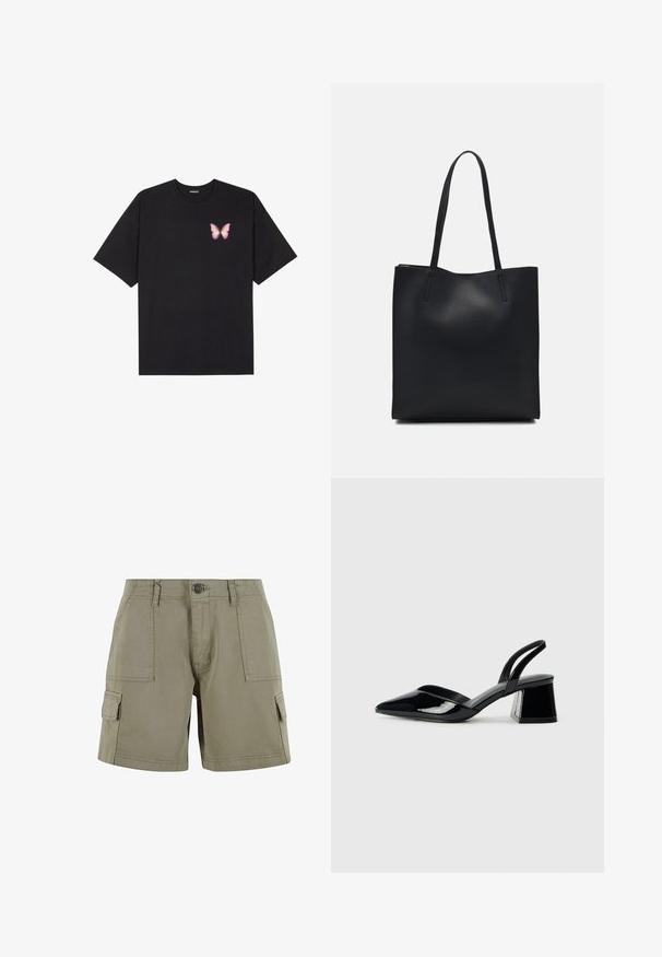 Black cotton t-shirt with short sleeves, featuring a small pink butterfly graphic on the left chest. Crew neck design with a relaxed fit.; Khaki cargo shorts made of lightweight cotton with two side pockets, a front button closure, and a straight cut.; Black patent leather slingback heels with a pointed toe and a geometric block heel. Features a sleek, minimal design and smooth texture.; Black leather tote bag with smooth texture, rectangular shape, and two long handles. No visible hardware or embellishments.