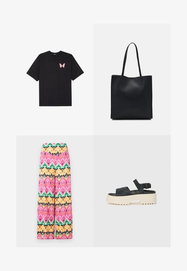 Schwarzes Baumwoll-T-Shirt mit kurzen Ärmeln, das ein kleines pinkes Schmetterlingsmotiv auf der linken Brust zeigt. Crewneck-Design mit einem entspannten Schnitt.; Bunt gemusterte weite Hosen mit einem geometrischen Muster in Pink, Grün, Orange und Schwarz. Hergestellt aus leichtem Stoff mit einer glatten Oberfläche.; Schwarze Wildleder-Plateausandalen mit einer klobigen weißen Sohle, breitem Vorderriemen und verstellbarem Knöchelriemen. Strukturierte Laufsohle für besseren Halt.; Schwarze Laptoptasche aus Leder mit glatter Textur, rechteckiger Form und zwei langen Griffen. Keine sichtbaren Beschläge oder Verzierungen.