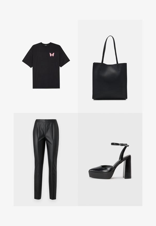 Black cotton t-shirt with short sleeves, featuring a small pink butterfly graphic on the left chest. Crew neck design with a relaxed fit.; Black faux leather pants with a slim fit, featuring a high waistband, front pleats, and smooth texture. No visible hardware or patterns.; Black platform heels with a pointed toe and adjustable ankle strap. Constructed from smooth leather, featuring a chunky block heel.; Black leather tote bag with smooth texture, rectangular shape, and two long handles. No visible hardware or embellishments.