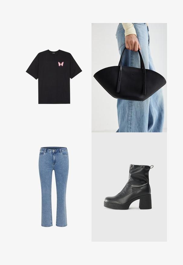 Melna kokvilnas T-krekls ar īsām piedurknēm, kuram priekšā kreisajā pusē ir neliels rozā tauriņa grafiskais attēls. Ar apaļu kaklu un brīvā stila piegriezumu.; Gai zilas džinsi ar taisnu piegriezumu, ar raibām svītrām, klasisku piecu kabatu dizainu un pogu aizdari jostasvietā.; Melni potītes zābaki, kas izgatavoti no gludas ādas, ar sānu rāvējslēdzēju, masīvu strukturētu papēdi un noapaļotu purngalu.; Melnas ādas rokassoma ar unikālu ventilatora formu, aprīkota ar plakaniem rokturiem. Virsma ir ar graudainu faktūru un minimālistisku dizainu.