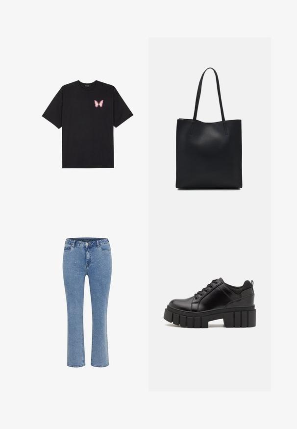 Must muströöpidega must puuvillane T-särk, vasakul rinnal on väike roosa liblikas. Ümar kaelus ja vabalt istuv lõige.; Heledad sinine teksapüksid sirge lõikega, millel on täpiline disain, klassikaline viie taskuga stiil ja nööbiga sulgemine vööl.; Must musta platvormsussid paksu plokkninal, ümmarguse varbaga ja traditsioonilise nööridega kinnitamisega. Sussid on sileda tekstuuriga ja minimaalsete detailidega.; Mustast nahast kott sujuva tekstuuriga, ristkülikukujuline ja kahe pika sangaga. Pole nähtavat riistvara ega kaunistusi.