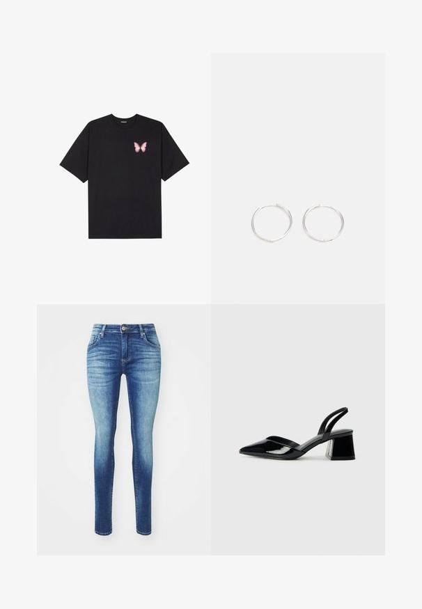 Must muströöpidega must puuvillane T-särk, vasakul rinnal on väike roosa liblikas. Ümar kaelus ja vabalt istuv lõige.; Narmad teksasest kitsad teksad, millel on heledast tumedani sinine gradient, klassikaline viie tasku disain ja lukuga vöökoht koos nupukinnitusega.; Mustad musta lakknahk kingad, millel on terav varvas ja geomeetriline plokkkonts. Omab elegantselt minimalistlikku disaini ja sujuvat tekstuuri.; Hõbedased rõngaskõrvarõngad, millel on sujuv ja ümar disain, millel on sile pind ja nähtavad kaunistused puuduvad. Diameeter ei ole täpsustatud.