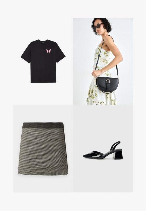 Camiseta de algodón negra de manga corta, con un pequeño gráfico de mariposa rosa en el lado izquierdo del pecho. Diseño de cuello redondo con un corte relajado.; Falda a cuadros en negro y crema con una cinturilla negra sólida. Presenta un corte recto, una textura suave y un patrón uniforme en toda la prenda.; Zapatos de tacón slingback de charol negro con punta afilada y tacón geométrico en bloque. Presentan un diseño elegante y minimalista, así como una textura suave.; Bolso de piel negra con forma curva, correa desmontable y herrajes dorados. El bolso cuenta con una solapa con un detalle de hebilla.