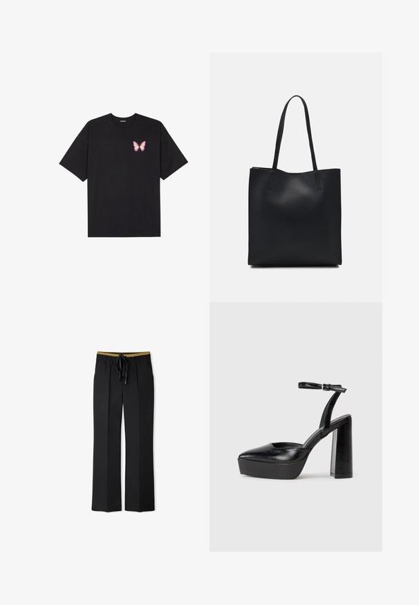 Camiseta de algodón negra de manga corta, con un pequeño gráfico de mariposa rosa en el lado izquierdo del pecho. Diseño de cuello redondo con un corte relajado.; Pantalones de pierna ancha negros con cintura ajustable. Presenta un acento dorado en la cinturilla. Está hecho de una tela suave y lisa.; Zapatos de tacón negro con punta afilada y correa ajustable en el tobillo. Confeccionados en cuero suave, presentan un tacón grueso.; Bolso tote de cuero negro con textura lisa, forma rectangular y dos asas largas. Sin herrajes ni adornos visibles.
