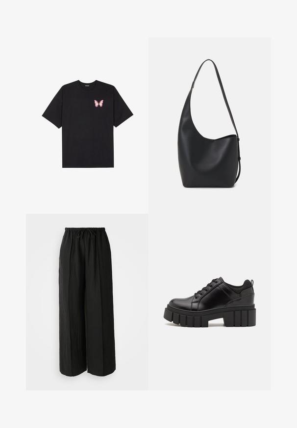 Črna bombažna majica s kratkimi rokavi, ki ima majhen roza metuljček na levi strani prsnega dela. Majica s krožnim ovratnikom in sproščenim krojem.; Črne široke hlače iz teksturirane tkanine. Imajo elastičen pas s vrvico in vertikalne nabore za dodatne podrobnosti.; Črne usnjene platforme z debelim blokastim petam, okroglo konico in klasičnim vezanjem. Imajo gladko teksturo in minimalne podrobnosti.; Črna usnjena hobo torba z gladko teksturo, ukrivljeno obliko in eno nastavljivo naramnico; ima širok odprtina na vrhu.
