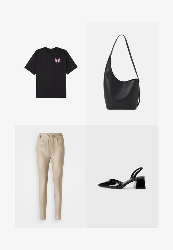 Svart bomullströja med korta ärmar, med en liten rosa fjärilsgrafik på vänster bröst. Rundad halsdesign med en avslappnad passform.; Beige randiga byxor med dragsko i midjan, smalnande ben, veckad front och slät textur. Vertikala vita ränder ingår.; Svarta lackläder slingback klackar med spetsig tå och geometrisk klack. Har en elegant, minimalistisk design och slät yta.; Svart läder hobo-väska med en slät textur, kurvig form och en justerbar axelrem; har en bred öppning upptill.
