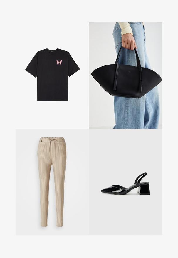 Schwarzes Baumwoll-T-Shirt mit kurzen Ärmeln, das ein kleines pinkes Schmetterlingsmotiv auf der linken Brust zeigt. Crewneck-Design mit einem entspannten Schnitt.; Beige gestreifte Hose mit Kordelzugbund, schmal zulaufendem Bein, gefältelter Vorderseite und glatter Textur. Vertikale weiße Streifen sind vorhanden.; Schwarze Lackleder-Slingback-High Heels mit spitzem Schuh und einem geometrischen Blockabsatz. Verfügt über ein schlankes, minimalistisches Design und eine glatte Textur.; Schwarze Lederhandtasche mit einzigartiger Fächerform, ausgestattet mit flachen Griffen. Die Oberfläche hat eine genoppte Textur und ein minimalistisches Design.
