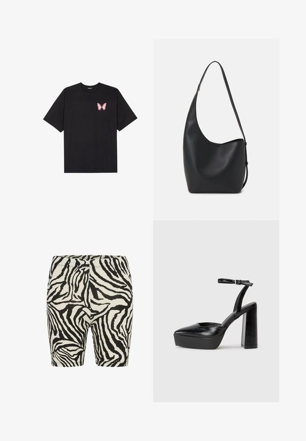 Must muströöpidega must puuvillane T-särk, vasakul rinnal on väike roosa liblikas. Ümar kaelus ja vabalt istuv lõige.; Mustvalge zebra trükkiga lühikesed retuusid sileda tekstuuriga, elastse vöökohaga ja sobiva disainiga, sobivad nii igapäevaseks kandmiseks kui ka treeninguks.; Mustad platvormi kontsad terava ninaga ja reguleeritava pahkluuraamiga. Valmistatud siledast nahast, funktsioneerib massiivse plokknäheeliga.; Mustast nahast hobo kott, millel on sile tekstuur, kumer kuju ja üks reguleeritav rihm; peal on lai avaus.