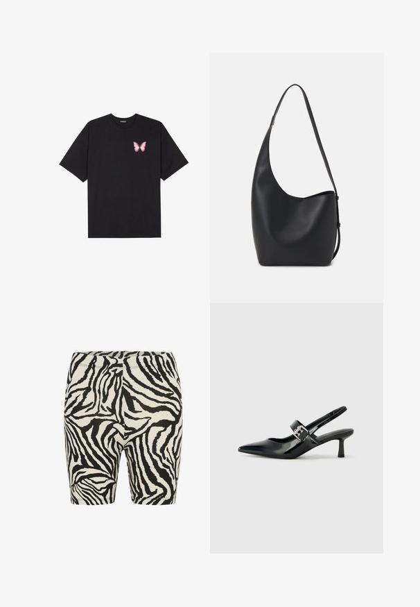 Juodas medvilnės marškinėliai trumpomis rankovėmis, su maža rožine drugelio grafika kairėje krūtinės pusėje. Apvalus kaklo iškirpimas, laisvas kirpimas.; Juodos ir baltos zebro rašto trumpi leggingai su lygiu paviršiumi, elastinga juosta ir prigludusia struktūra, tinkami kasdieniam dėvėjimui arba mankštai.; Juodai lakuoti slingback aukštakulniai su smailiu kojų pirštu ir mažais blokiniais kulniukais, su sidabro sagtimi ant dirželio.; Juodas odinis hobo maišas su lygiu paviršiumi, kreipta forma ir viena reguliuojama rankena; turi platų atidarymą viršuje.