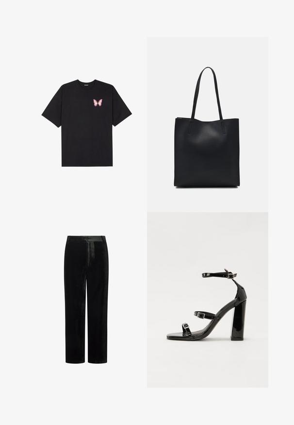 Must muströöpidega must puuvillane T-särk, vasakul rinnal on väike roosa liblikas. Ümar kaelus ja vabalt istuv lõige.; Mustad sametpüksid sirge lõikega, millel on lame vöökoht ja sile tekstuur, sobivad nii ametlikuks kui ka igapäevaseks kandmiseks.; Mustad läikiva lakknahaga kõrge kontsaga sandaalid kahe pandlaga, kandilised varbad ja jäme plokk-kontsaosa, millel on sile ja läikiv tekstuur.; Mustast nahast kott sujuva tekstuuriga, ristkülikukujuline ja kahe pika sangaga. Pole nähtavat riistvara ega kaunistusi.