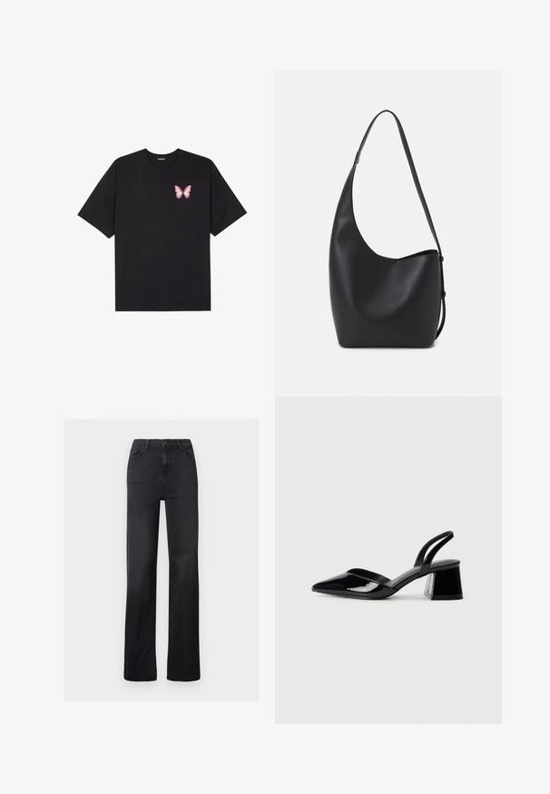 Črna bombažna majica s kratkimi rokavi, ki ima majhen roza metuljček na levi strani prsnega dela. Majica s krožnim ovratnikom in sproščenim krojem.; Črne denim kavbojke naravnega kroja z visokim pasom, petimi žepi in vidnim šivom. Gladka tekstura s nekoliko zbledelim videzom.; Črne lakirane slingback pete s koničastim nosom in geometrijsko blokasto peto. Imajo eleganten, minimalističen dizajn in gladko teksturo.; Črna usnjena hobo torba z gladko teksturo, ukrivljeno obliko in eno nastavljivo naramnico; ima širok odprtina na vrhu.