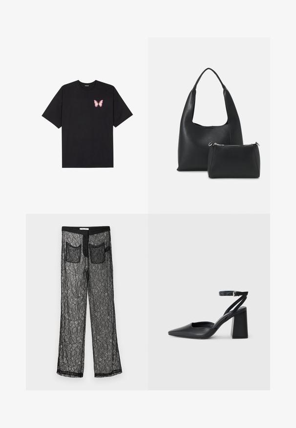 Camiseta de algodón negra de manga corta, con un pequeño gráfico de mariposa rosa en el lado izquierdo del pecho. Diseño de cuello redondo con un corte relajado.; Samsøe Samsøe SAYLA TROUSERS - Pantalones - black; Zapato de tacón puntiagudo de cuero negro con tira en el tobillo y tacón ancho. Textura plana, diseño elegante y estética minimalista.; Even&Odd Bolso de mano - black