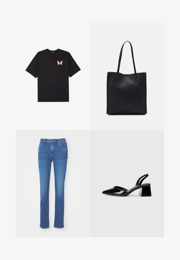 T-shirt de algodão preto com mangas curtas, apresentando um pequeno gráfico de borboleta rosa no lado esquerdo do peito. Design de gola redonda com um corte solto.; Jeans de denim azul com design de perna reta, estilo de cinco bolsos e fecho de botão na cintura. Apresenta um sutil acabamento desbotado.; Sandy em verniz preto com salto slingback, ponta afilada e salto geométrico. Apresenta um design elegante e minimalista com textura suave.; Bolsa tote preta em couro com textura lisa, forma retangular e duas alças longas. Sem hardware ou enfeites visíveis.