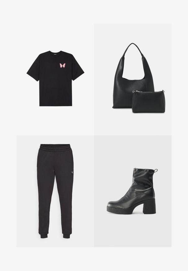 Black cotton t-shirt with short sleeves, featuring a small pink butterfly graphic on the left chest. Crew neck design with a relaxed fit.; Black sweatpants with an elastic waistband, tapered legs, and a small logo tag on the side. Made from soft, textured cotton fabric.; Black ankle boots made of smooth leather, featuring a side zipper, chunky textured heel, and rounded toe design.; Even&Odd Handbag - black