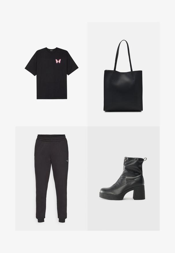Black cotton t-shirt with short sleeves, featuring a small pink butterfly graphic on the left chest. Crew neck design with a relaxed fit.; Black sweatpants with an elastic waistband, tapered legs, and a small logo tag on the side. Made from soft, textured cotton fabric.; Black ankle boots made of smooth leather, featuring a side zipper, chunky textured heel, and rounded toe design.; Black leather tote bag with smooth texture, rectangular shape, and two long handles. No visible hardware or embellishments.