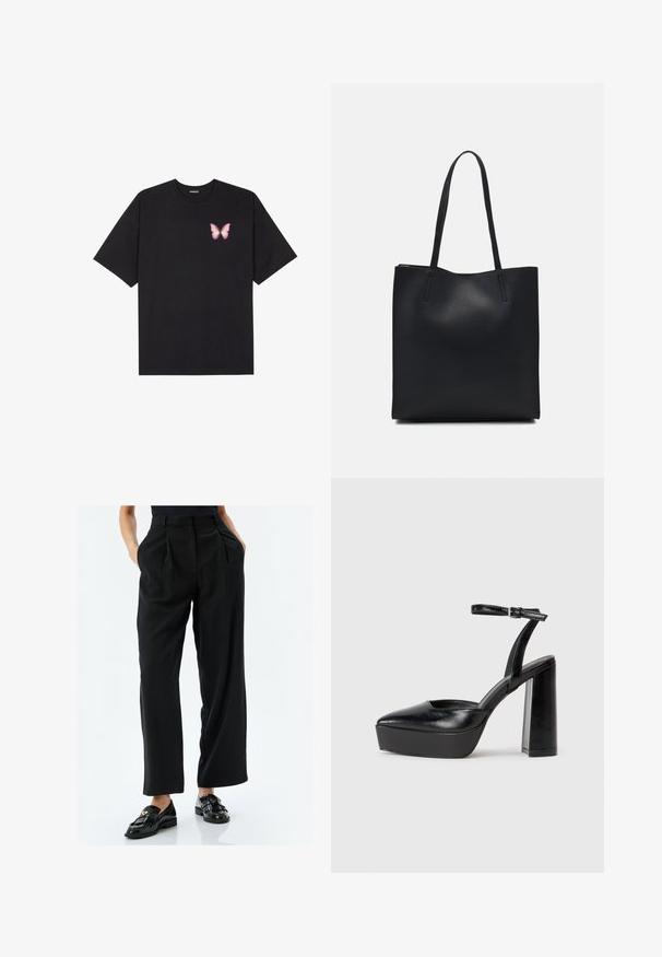 Sort bomulds T-shirt med korte ærmer, prydet med en lille pink sommerfugl grafik på venstre bryst. Rund hals design med en afslappet pasform.; Sorte, vide benbukser med en glat stof, frontfolder og sidelommer. Sammen med skinnende sorte loafers med frynser og en guldaccent.; Sorte platformhæle med spidse tæer og justerbar ankelrem. Construeret i glat læder, med en kraftig blokhæl.; Sort læder tote taske med glat tekstur, rektangulær form og to lange hanke. Ingen synlig hardware eller udsmykninger.