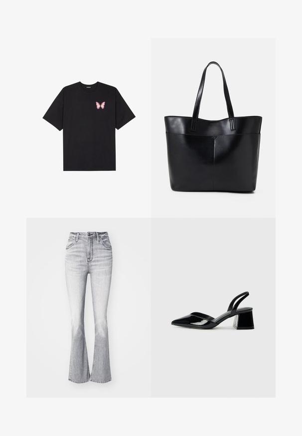 Black cotton t-shirt with short sleeves, featuring a small pink butterfly graphic on the left chest. Crew neck design with a relaxed fit.; Lee BREESE - Trousers - heavy ice; Black patent leather slingback heels with a pointed toe and a geometric block heel. Features a sleek, minimal design and smooth texture.; Black leather tote bag with two long handles, a smooth texture, and a structured shape. Features a front pocket for additional storage.