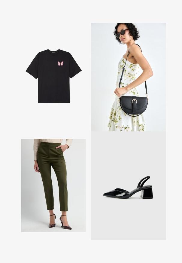 Černé bavlněné tričko s krátkým rukávem, na levém prsou s malou grafikou růžové motýlky. Design s kruhovým výstřihem a volným střihem.; Olivově zelené kalhoty na míru s vysokým pasem, zúženými nohavicemi a předními švy. Doplněné bordó špičatými podpatky a lehkou blůzou.; Černé lakované kožené lodičky na pásku s špičatou špičkou a geometrickým blokovým podpatkem. Vyznačují se elegantním, minimalistickým designem a hladkým povrchem.; Černá kožená kabelka s křivkovým tvarem, odnímatelným popruhem a zlatými detaily. Kabelka má klopu s přezkou.