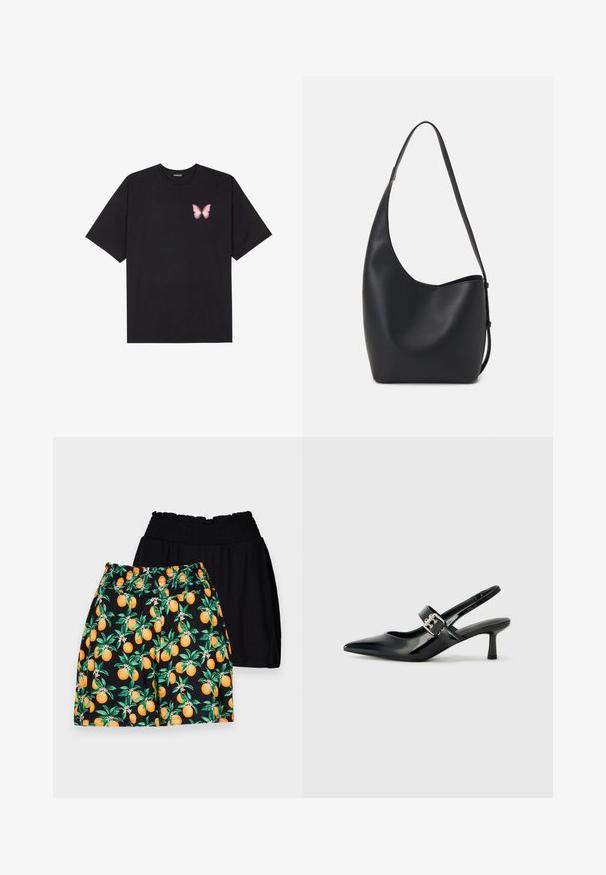 T-shirt en coton noir à manches courtes, avec un petit graphique de papillon rose sur la poitrine gauche. Modèle à col rond avec une coupe décontractée.; Shorts noirs et à motifs ; une paire noire avec une texture lisse, une paire à motifs orange comportant des feuilles vertes et des fruits orange vif.; Escarpins slingback en cuir verni noir avec un bout pointu et un petit talon bloc, mettant en avant un accent en boucle argentée sur la sangle.; Sac hobo en cuir noir avec une texture lisse, une forme incurvée et une seule sangle réglable ; dispose d'une large ouverture en haut.