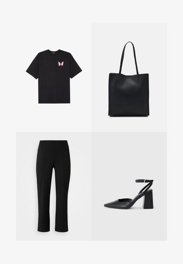 Czarny bawełniany t-shirt z krótkim rękawem, z małym różowym motylkiem na lewej piersi. Klasyczny dekolt z luźnym fasonem.; Vero Moda Curve - Spodnie materiałowe; Czarne skórzane czółenka z ostrym noskiem, z paskiem na kostce i grubym obcasem. Gładka faktura, elegancki design i minimalistyczna estetyka.; Czarna skórzana torba tote o gładkiej fakturze, prostokątnym kształcie i dwóch długich uchwytach. Brak widocznych elementów metalowych i ozdób.