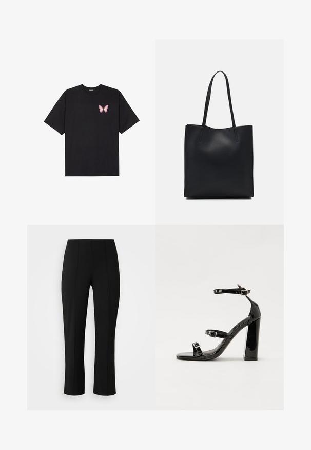 T-shirt en coton noir à manches courtes, avec un petit graphique de papillon rose sur la poitrine gauche. Modèle à col rond avec une coupe décontractée.; Vero Moda Curve VMCBECKY PULL ON - Pantalon classique - black; Sandales à talons vernies noires avec un bout carré, des sangles autour de la cheville et des boucles en argent. Dotées d'un talon bloc épais pour plus de stabilité.; Sac fourre-tout en cuir noir avec une texture lisse, de forme rectangulaire et deux longues poignées. Pas de matériel ou d'ornementations visibles.
