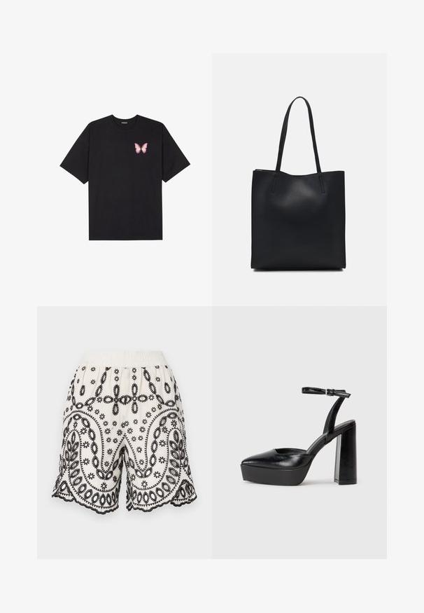 Zwarte katoenen t-shirt met korte mouwen, voorzien van een kleine roze vlinder graphic op de linkerkant van de borst. Crew neck ontwerp met een relaxte fit.; Witte stoffen shorts met ingewikkelde zwarte borduursels, voorzien van bloem- en paisleypatronen, elastische tailleband en gegolfde rand.; Zwarte plateauhakken met een puntige neus en verstelbare enkelband. Gemaakt van soepel leer, met een robuuste blokhak.; Zwarte leren handtas met een gladde textuur, rechthoekige vorm en twee lange handvaten. Geen zichtbare hardware of versieringen.