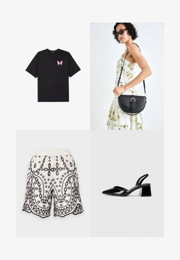 Melna kokvilnas T-krekls ar īsām piedurknēm, kuram priekšā kreisajā pusē ir neliels rozā tauriņa grafiskais attēls. Ar apaļu kaklu un brīvā stila piegriezumu.; Baltas auduma šorti ar sarežģītu melnu izšuvumu, kurā ietilpst ziedu un paisley raksti, elastīga jostasvieta un viļņoti maliņu gali.; Melna lakota āda ar atvērto papēdi, ar smailu purngalu un ģeometrisku blokpapēdi. Iezīmējas elegants, minimāls dizains un gluda tekstūra.; Melnas ādas rokassoma ar izliekta formu, noņemamu siksnu un zelta aksesuāriem. Somai ir vāciņš ar sprādzes detaļu.