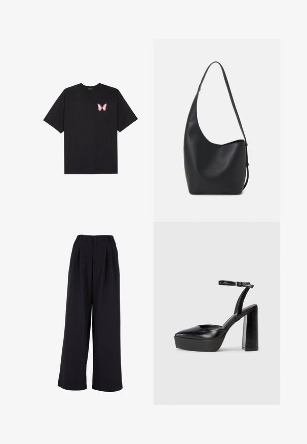 Black cotton t-shirt with short sleeves, featuring a small pink butterfly graphic on the left chest. Crew neck design with a relaxed fit.; Wide-leg trousers in black fabric, featuring front pleats, a button closure, and a smooth texture. Tailored design with a high waist.; Black platform heels with a pointed toe and adjustable ankle strap. Constructed from smooth leather, featuring a chunky block heel.; Black leather hobo bag with a smooth texture, curved shape, and single adjustable strap; features a wide opening at the top.