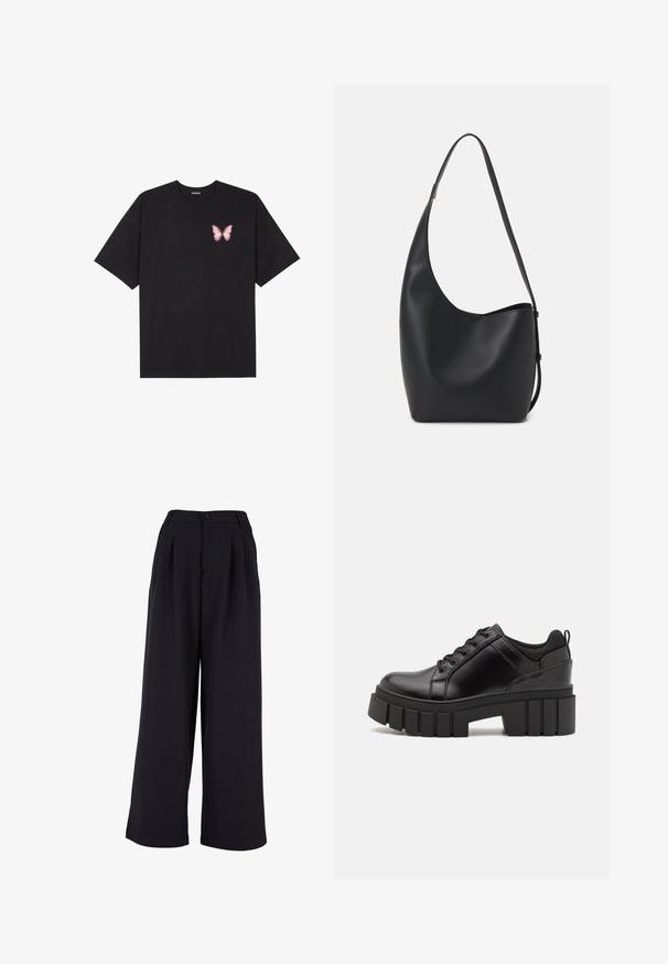 Juodas medvilnės marškinėliai trumpomis rankovėmis, su maža rožine drugelio grafika kairėje krūtinės pusėje. Apvalus kaklo iškirpimas, laisvas kirpimas.; Juodos plačios kelnės, pasižyminčios priekine raukšle, sagčių uždarymu ir lygiu paviršiumi. Tailorinta konstrukcija su aukštu liemeniu.; Juodi odiniai platformos batai su masyviu blokuota kulniuku, apvalia nosimi ir tradiciniu šnypštimo dizainu. Turintys glotnų paviršių ir minimalų dekoravimą.; Juodas odinis hobo maišas su lygiu paviršiumi, kreipta forma ir viena reguliuojama rankena; turi platų atidarymą viršuje.