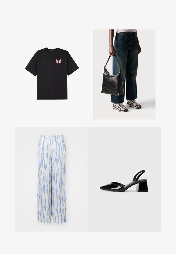 Black cotton t-shirt with short sleeves, featuring a small pink butterfly graphic on the left chest. Crew neck design with a relaxed fit.; Lightweight, wide-leg pants in a white fabric with blue abstract patterns. Features an elastic waistband for comfort and ease of wear.; Black patent leather slingback heels with a pointed toe and a geometric block heel. Features a sleek, minimal design and smooth texture.; Black leather shoulder bag with a smooth texture and adjustable strap, paired with faded wide-leg jeans and athletic sneakers.