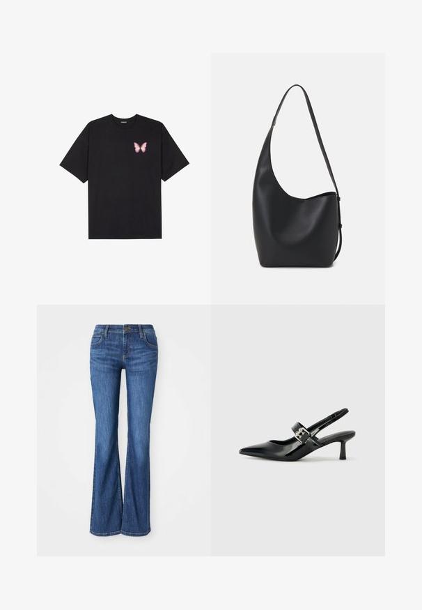 Svart bomulls T-skjorte med korte ermer, med en liten rosa sommerfugl grafikk på venstre bryst. Crew-neck design med en avslappet passform.; Blå denim bootcut jeans med frontlommer, knaplukning og bæltestropper, præsenteret på en hvid baggrund.; Svarte patent lær slingback hæler med spiss tå og en liten blokkheel, med en sølvspenne som detalj på stroppen.; Svart lær hobo-veske med glatt tekstur, buet form og enkelt justerbart stropp; har en bred åpning på toppen.