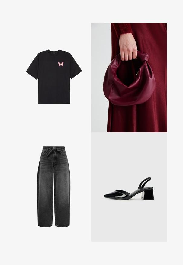 Zwarte katoenen t-shirt met korte mouwen, voorzien van een kleine roze vlinder graphic op de linkerkant van de borst. Crew neck ontwerp met een relaxte fit.; ONLY MIT WEITEM BEIN ONLGIANNA MITTLERE TAILLE BALLON SCHNITT - Straight leg jeans - washed black; Zwarte gepatineerde leren slingback hakken met een spitse neus en een geometrische blokhak. Kenmerkt zich door een slank, minimalistisch ontwerp en een gladde textuur.; Bordeaux leren handtas met een zacht, gegathered ontwerp en een ronde vorm. De handgreep is stevig bevestigd en toont een gladde textuur.