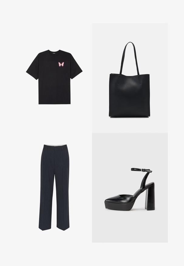 Schwarzes Baumwoll-T-Shirt mit kurzen Ärmeln, das ein kleines pinkes Schmetterlingsmotiv auf der linken Brust zeigt. Crewneck-Design mit einem entspannten Schnitt.; Navyblaue Hosen mit weißen vertikalen Nadelstreifen, weit geschnitten, aus glattem Stoff, mit Gürtelschlaufen und einem Faltendetail an der Vorderseite für einen maßgeschneiderten Look.; Schwarze Plateau-High Heels mit spitzem Zeh und verstellbarem Knöchelriemen. Gefertigt aus glattem Leder und mit einem klobigen Blockabsatz.; Schwarze Laptoptasche aus Leder mit glatter Textur, rechteckiger Form und zwei langen Griffen. Keine sichtbaren Beschläge oder Verzierungen.