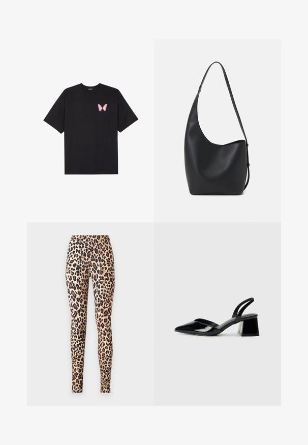 Sort bomulds T-shirt med korte ærmer, prydet med en lille pink sommerfugl grafik på venstre bryst. Rund hals design med en afslappet pasform.; ONLY ONLKIM - Leggings - cuban sand; Sorte patentlæder slingback hæle med spids tå og en geometrisk blok hæl. Har et elegant, minimalistisk design og en glat tekstur.; Sort læder hobo taske med en glat overflade, buet form og en enkelt justerbar rem; har en bred åbning øverst.